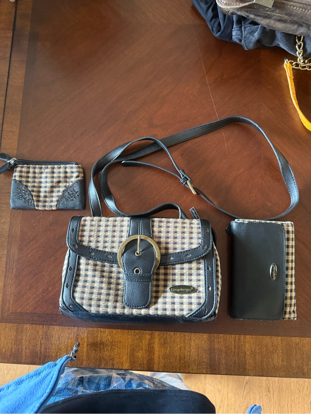 Longaberger 3 Piece Checked Brown Crossbody/Wallet/Card Holder